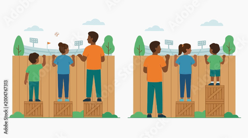 Visual metaphor illustrating equality and equity in society, as figures of different heights look over a fence.