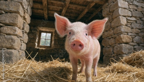 Pink pig in a warm farm environment