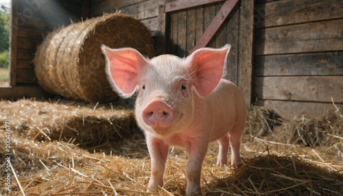 Pink pig in a warm farm environment