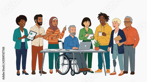 A vibrant and diverse team gathers around a table, fostering collaboration and inclusivity in a modern workplace setting. Capturing the spirit of teamwork and shared purpose.