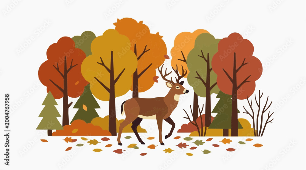 Naklejka premium An illustrated deer wanders through an autumn forest, with leaves in warm colors.