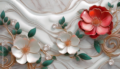 decorative 3d wallpaper with marble and rose flower design high quality rendering for mural and living room background