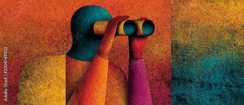 Geometric minimal illustration of a tearful musician polishing vintage binoculars in coastal morning mist, rendered in sharp blocks of slate and charcoal with a minimal cool-toned palette