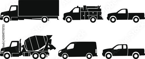 Tableau sur toile Black silhouette collection of industrial commercial vehicles including delivery