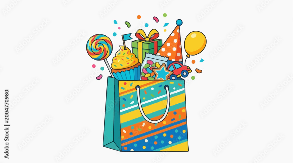 Fototapeta premium A vibrant and joyful illustration of a birthday bag overflowing with gifts, treats, and festive decorations, perfect for celebrating special occasions.