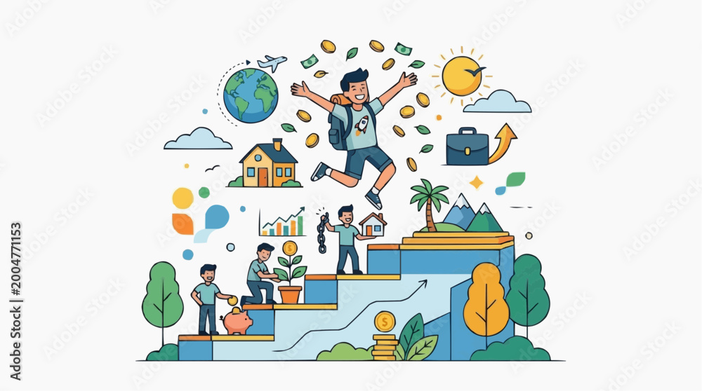 Fototapeta premium A vibrant illustration symbolizing financial growth and personal development, a journey from planting seeds of ambition to achieving financial freedom, represented by ascending stairs toward the sun.