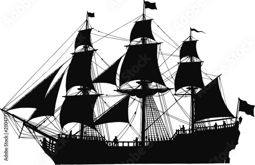Quadro su tela Detailed black silhouette of a vintage sailing ship with multiple masts and sail