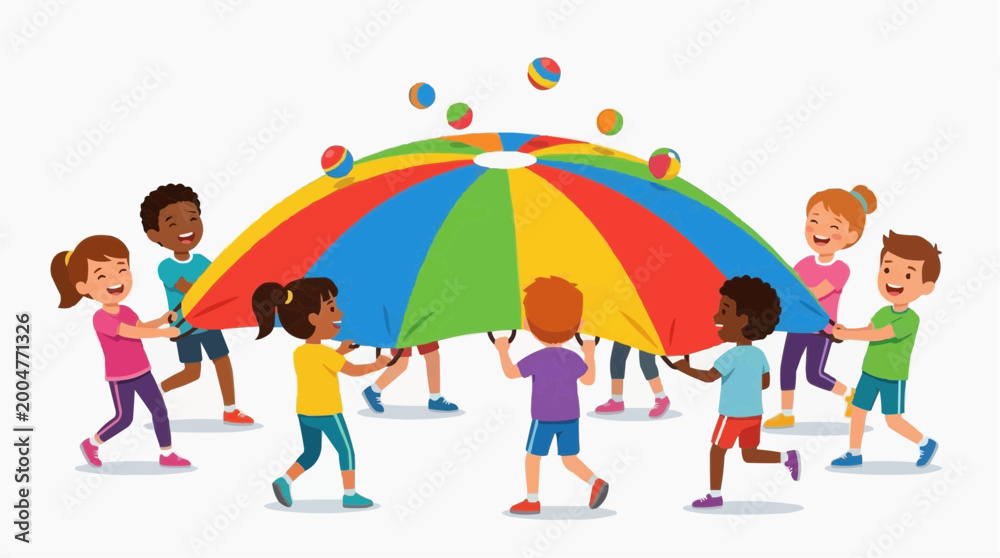Naklejka premium A group of diverse children are joyfully playing with a colorful parachute, a symbol of unity, teamwork, and childhood. Balls are tossed into the air.