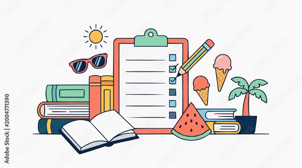 Fototapeta premium Summer Checklist: A vibrant, sunny illustration of a summer checklist, accompanied by cheerful icons such as books, sunglasses, and ice cream, encapsulates the essence of summer fun. 