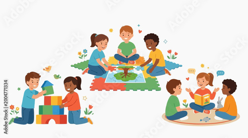 Children engaged in playful learning activities, fostering collaboration, and creativity in a vibrant, illustrative setting. The image evokes a sense of childhood wonder and exploration.