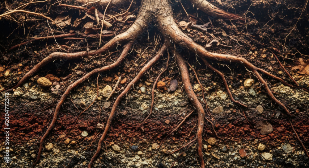 Fototapeta premium Detailed close up view reveals the complex network of thick tree roots delving deep into richly layered soil strata displaying various earth tones and small stones.