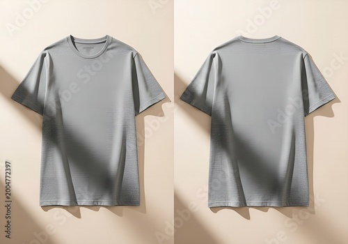 A heather grey tee shirt is displayed on a surface that is colored, revealing the front and the back of the article of clothing, suggesting apparel design or promotional merchandise purposes
