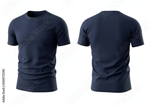 Apparel designers can showcase their creativity on this navy short-sleeve garment, displayed in front and back views, providing a comprehensive template for apparel design projects and fashion
