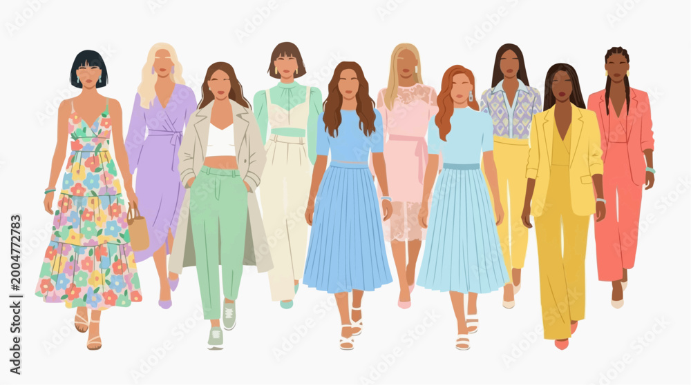 Fototapeta premium A runway featuring models in a variety of stylish outfits, a visual spectacle of fashion and design. a colorful portrayal of creativity and self-expression. 