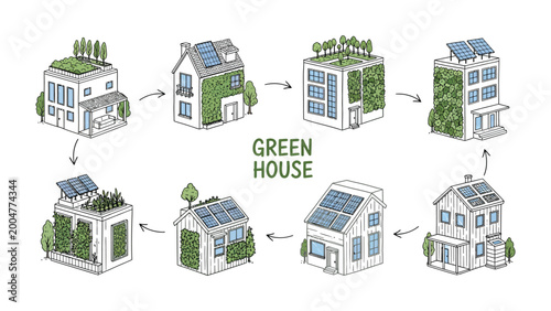 Cuadro en lienzo Eco-Friendly Blueprint: An illustrative showcase of sustainable architecture, highlighting green homes designed with eco-conscious features such as solar panels and integrated greenery