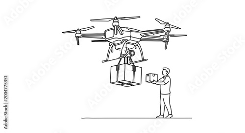 Line art illustration of a delivery drone carrying a package with a person holding a box