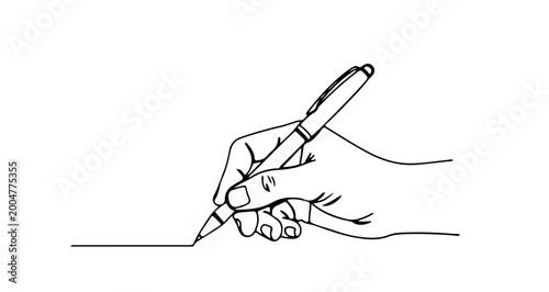 Hand holding pen and writing, drawing a line