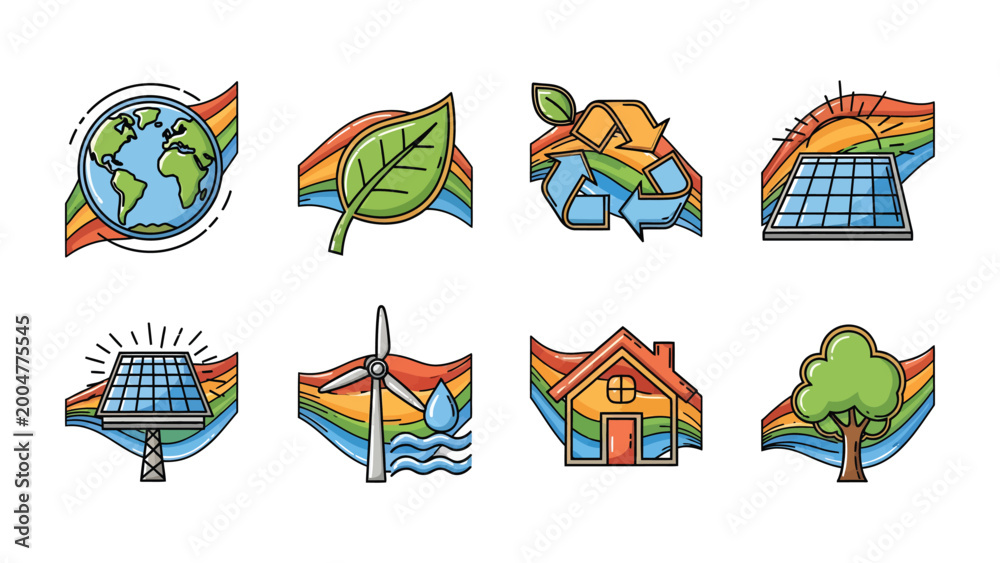 Naklejka premium Eco-Friendly Symbols Set: A vibrant collection of environmentally conscious icons showcases sustainable living, featuring a globe, leaf, recycling symbol, solar panel, windmill, house.