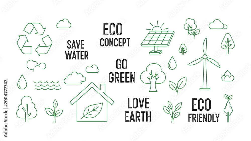 Αυτοκόλλητο Eco-Friendly Icons: A visually engaging arrangement of eco-friendly symbols, each representing vital aspects of environmental protection and sustainability