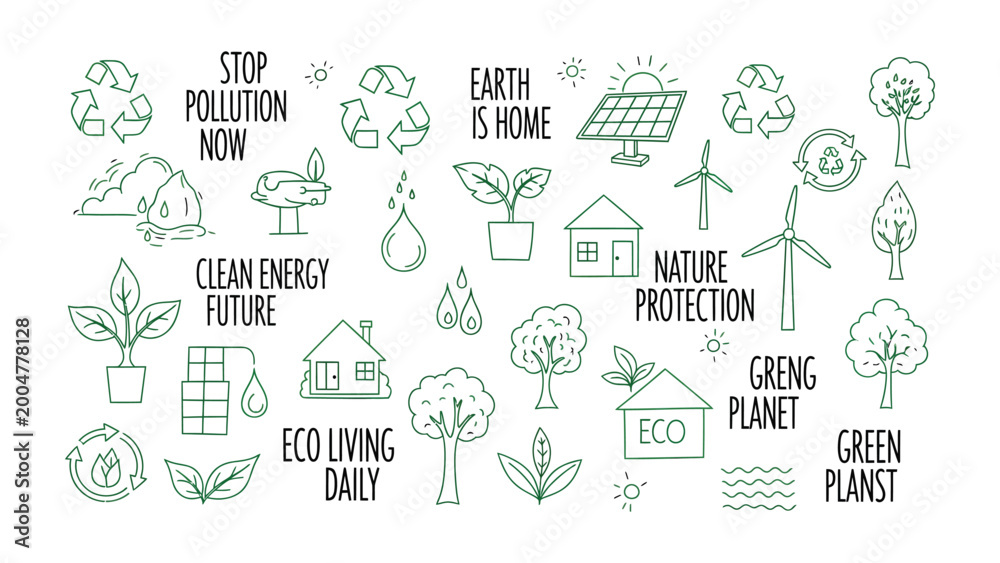 Fototapeta premium Eco-Friendly Icons: A collection of meticulously designed icons representing environmental conservation, sustainable living, and the urgent need for eco-conscious actions.