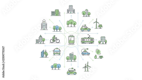 Fotografia Eco-Friendly City: An illustration depicts a sustainable city, powered by renewable energy, with electric vehicles, parks, and green buildings, highlighting an eco-conscious urban environment