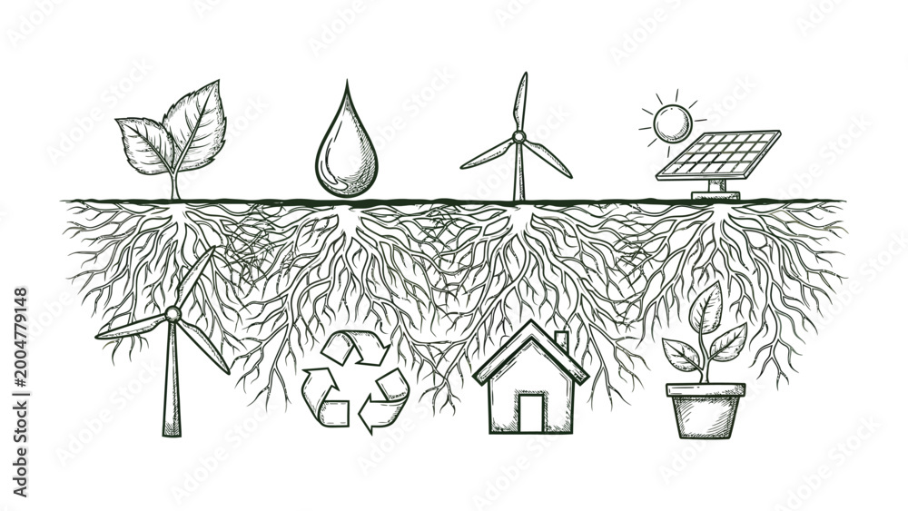 Fototapeta premium Eco-Friendly Elements: A visual narrative highlighting sustainable practices, representing a harmonious blend of renewable energy sources, environmental conservation and a greener world.