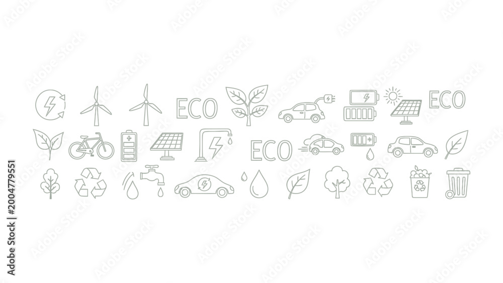 Fototapeta premium Eco-Friendly Symbols: A collection of meticulously designed icons representing environmental sustainability. These simple yet powerful symbols convey themes of renewable energy, eco-consciousness.