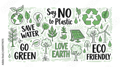 Schilderij op canvas Eco-Consciousness Doodle: A lively doodle design promoting environmental sustainability, including the core environmental protection, concepts and essential messaging