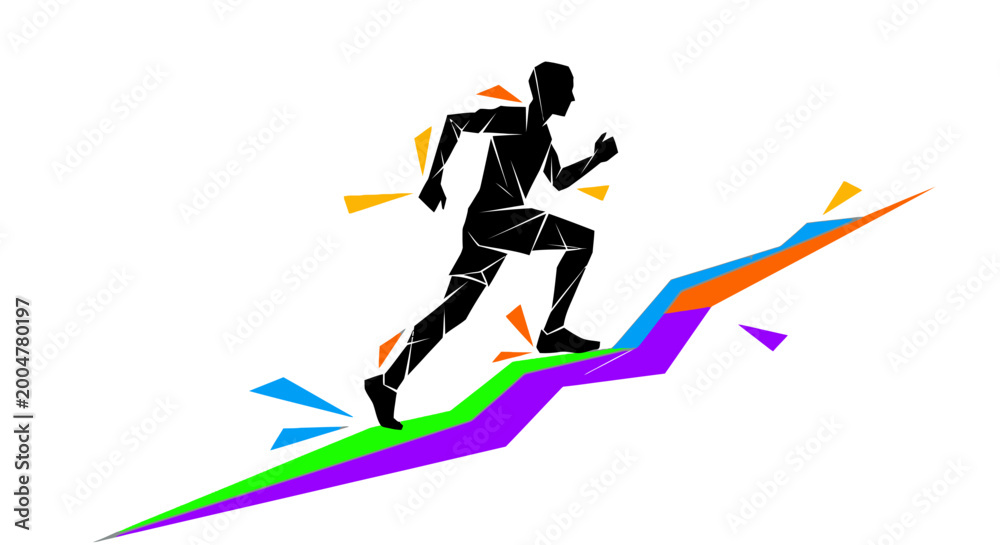 Fototapeta premium Man Running Up Colorful Arrow Graph.