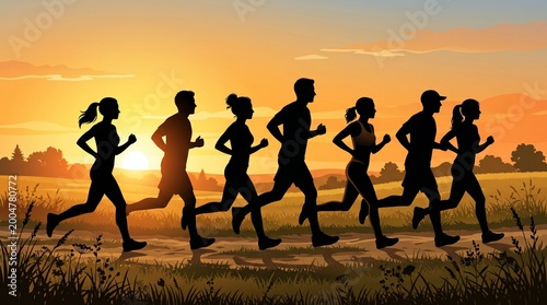 silhouette illustration of a group of people running together in the morning made by AI generative