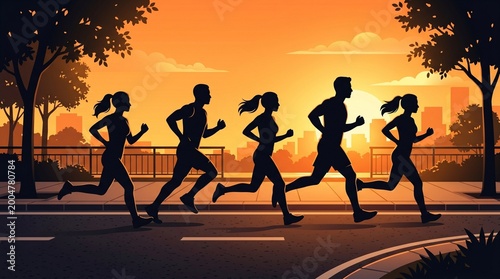silhouette illustration of a group of people running together in the morning made by AI generative