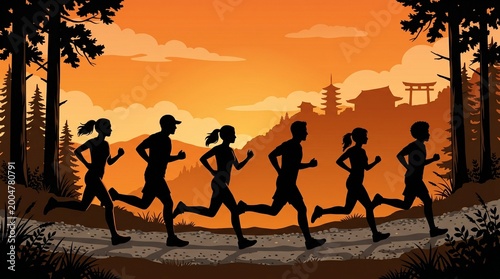 silhouette illustration of a group of people running together in the morning made by AI generative