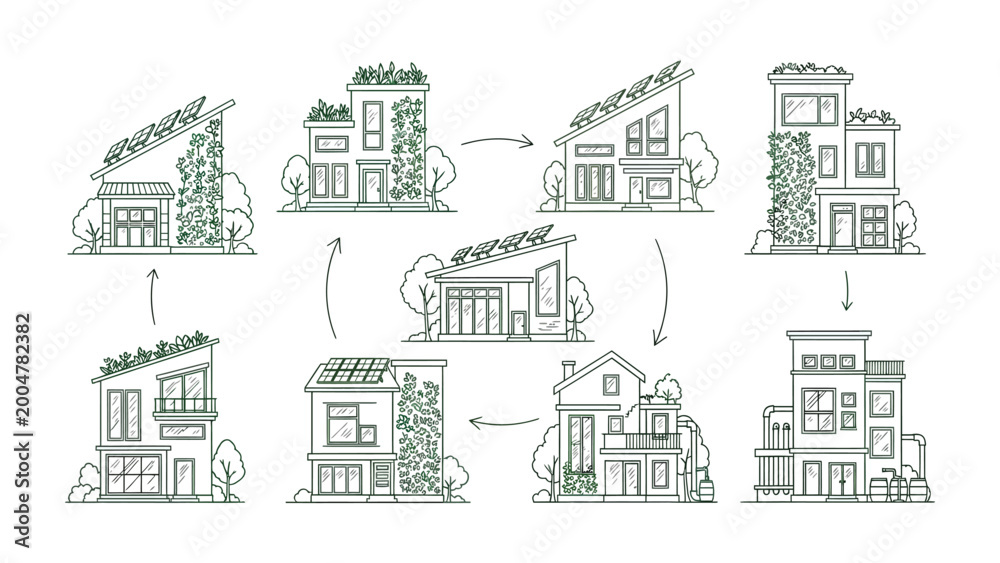 Obraz premium Sustainable Urban Designs: An illustrative depiction of various eco-friendly architectural models, showcasing the harmony of innovation and sustainability for urban living.