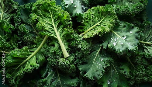 close up fresh kale salad leaves with water drops texture generative ai