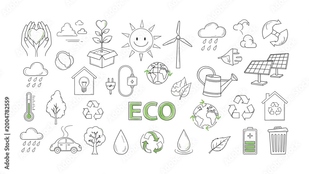Fototapeta premium Eco-Friendly Icon Set: A comprehensive collection of hand-drawn eco-friendly icons representing various aspects of sustainability and environmental protection.