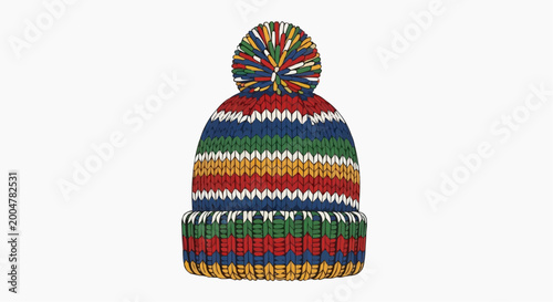 Knitted winter hat with multicolor pom-pom