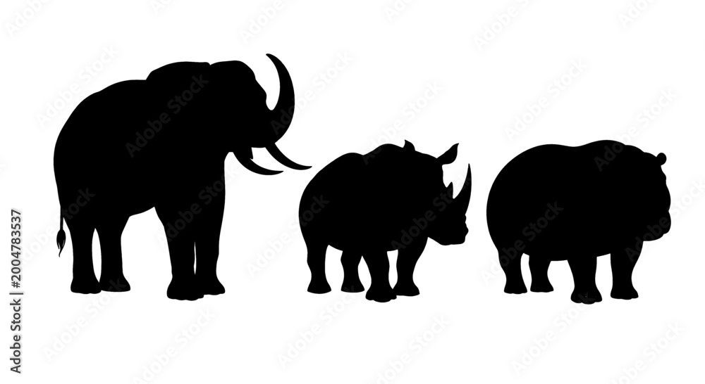 Fototapeta premium Silhouettes of an elephant, rhinoceros, and hippopotamus arranged in a row against a white background.