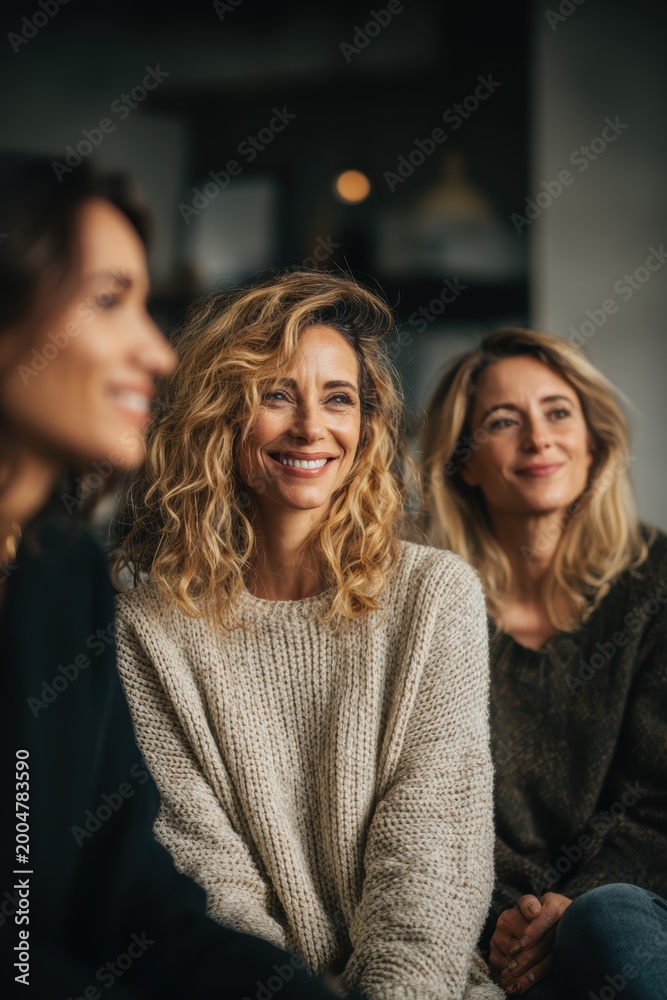 Fototapeta premium Female diversity. Human rights, equal opportunity concept. A candid portrait of three women seated in a dimly lit room. The main subject is a woman with curly blonde hair, wearing a beige.