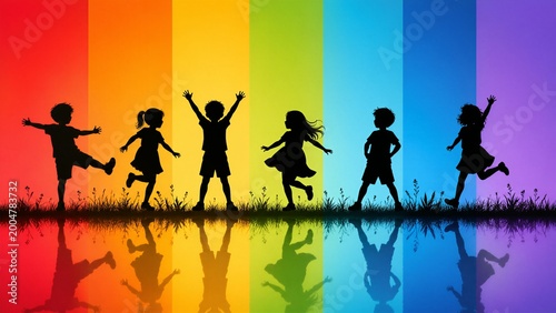 Silhouettes of happy children jump and dance against a vibrant rainbow background with colorful reflections on the ground.
