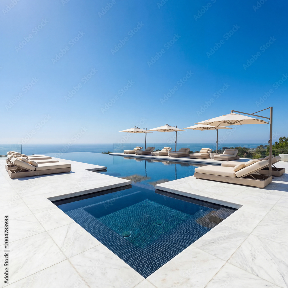 Fototapeta premium Expansive Geometric Pool With Sleek Lines Infinity Design Marble Deck and Luxury Outdoor Resort Living