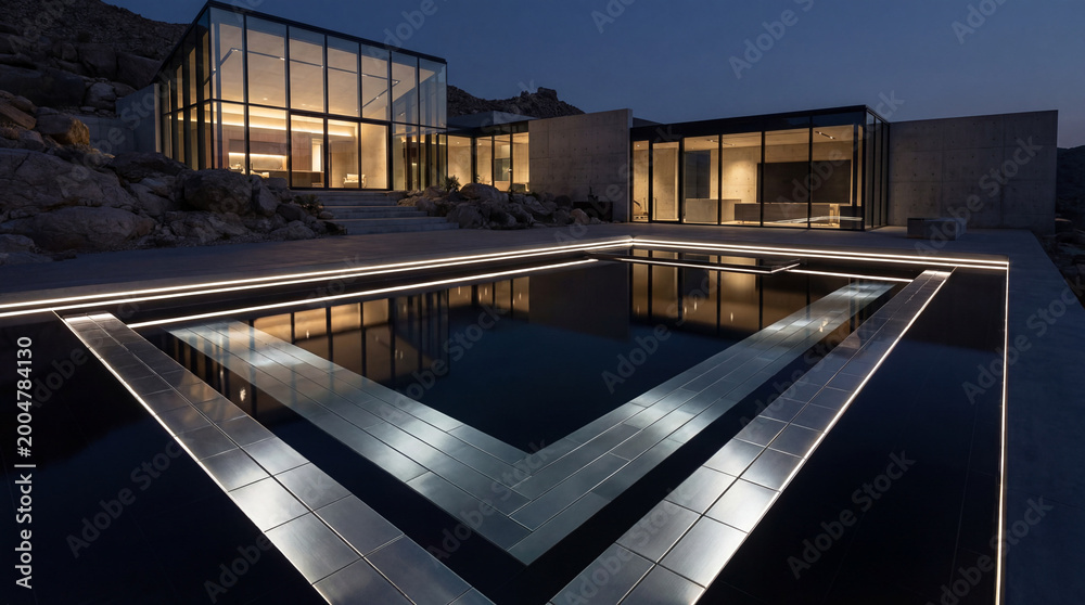 Fototapeta premium Sleek Ultra Modern Pool With Dark Waters and Silver Tiles Minimal Lighting Luxury Architecture Design