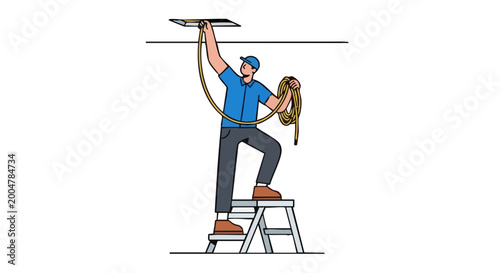 Electrician on stepladder installing yellow cable in ceiling. Vector illustration of worker doing maintenance