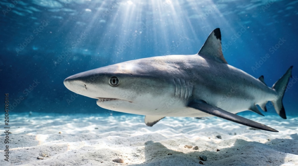 Fototapeta premium Shark swimming in ocean depths highlights marine ecosystem balance and conservation efforts.