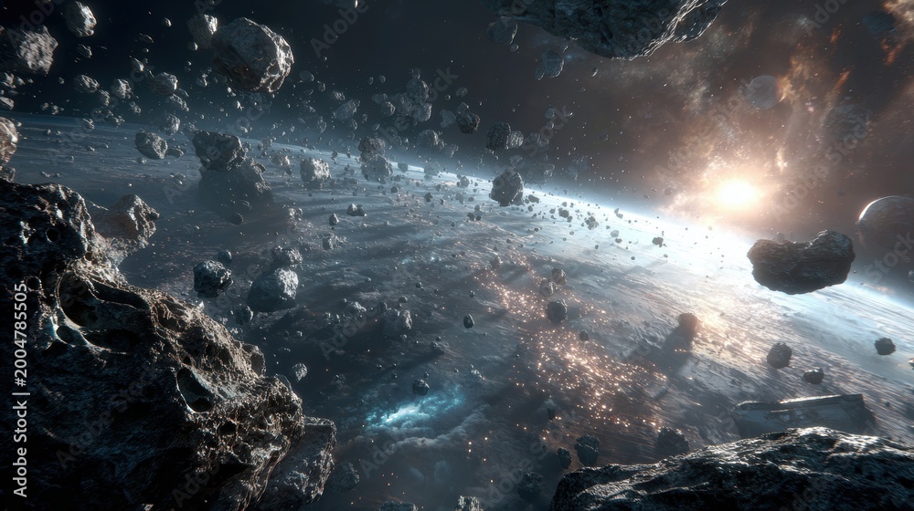 Fototapeta premium Space universe exploration, fantasy. A vivid, detailed depiction of a vast space scene. The main subject is a vast expanse of rocky terrain, with numerous asteroids scattered throughout.