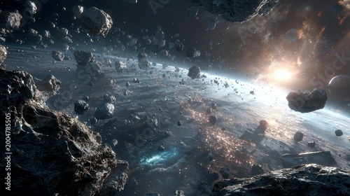 Space universe exploration, fantasy. A vivid, detailed depiction of a vast space scene. The main subject is a vast expanse of rocky terrain, with numerous asteroids scattered throughout.