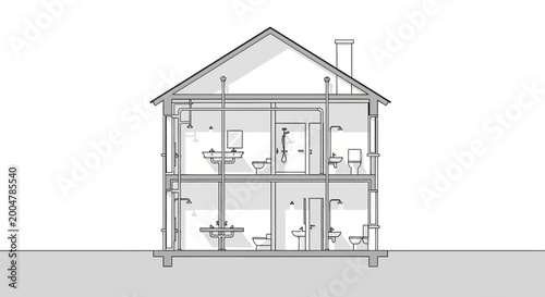 House Plumbing Cross-Section Diagram - Residential Water and Drainage System Schematic Illustration