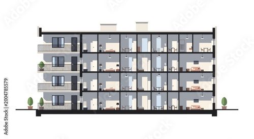 Modern Architectural Cross-Section of Multi-Story Residential Apartment Building, Interior Cutaway Illustration of Flat Block with Furniture Layout Isolated on White Background