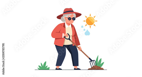 Illustration of an elderly woman gardening with a rake on a sunny day. EPS Editable. Vector Illustrations.