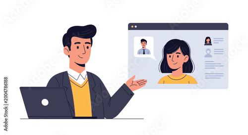 Professional man presenting a digital profile interface with a woman avatar on a computer screen. EPS Editable. Vector Illustrations.