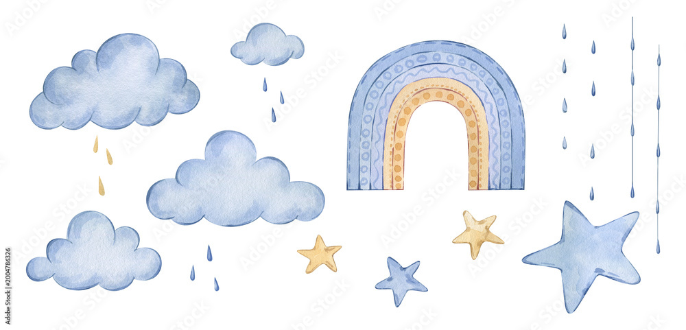 Obraz premium Set of watercolor weather elements. Hand drawn clipart in pastel clouds, rainbow, stars, and raindrops for nursery decor and baby shower designs, greeting card and dreamy themes isolated on white.